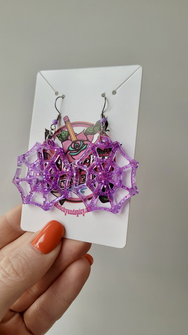 Earrings | Purple Glitter Spiderwebs | Stainless Steel Hooks