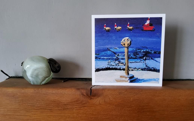 Father Christmas and his flying sheep above Rosedale and the Millennium Cross. 6x6&quot; Christmas card