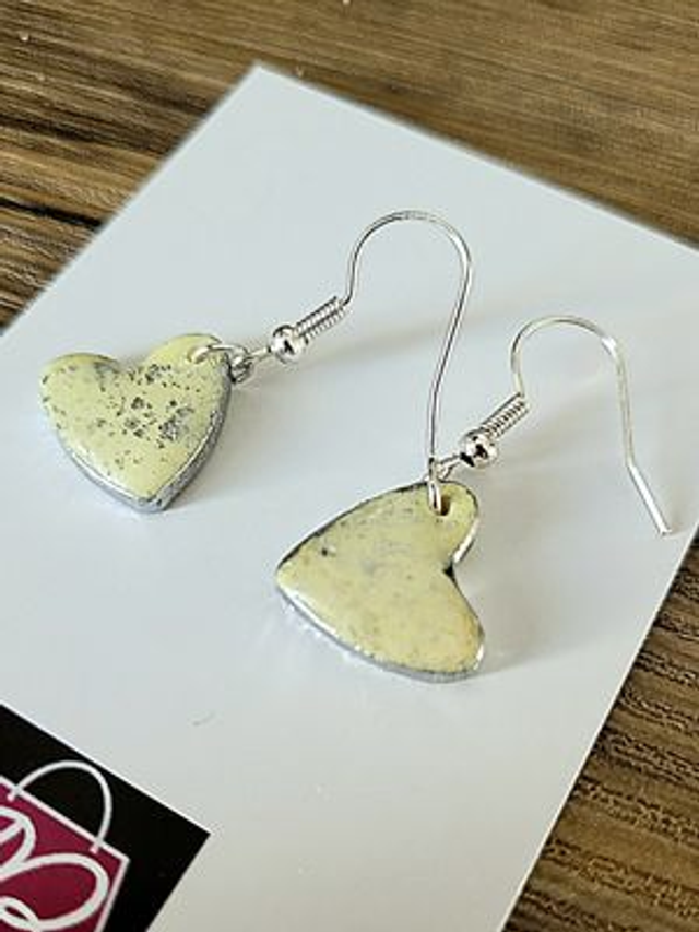 Drop Earrings - Yellow with silver glitter hearts