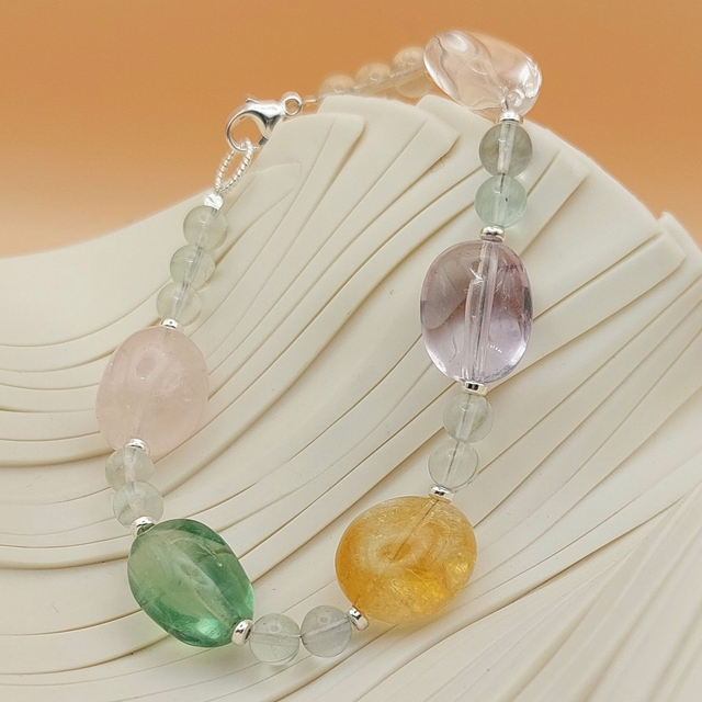 Multi coloured bracelet with quartz, tourmaline and sterling silver beads