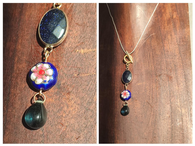 Collier goutte en verre bleu, perle cloisonnée et pierres naturelles, monté sur fil de lin, pièce unique 