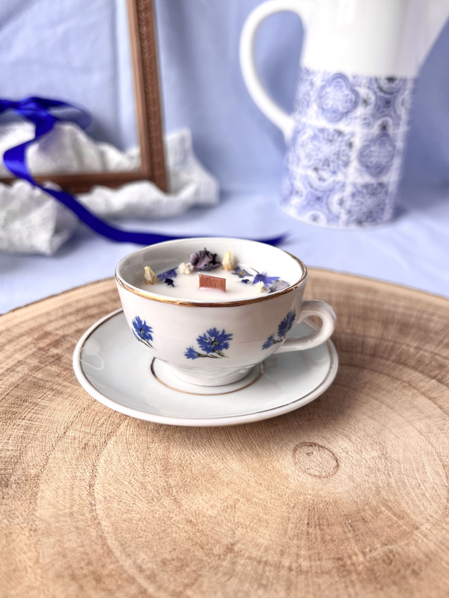 💙 Bougie Fleur de Lin - tasse à café "dinette bleuet" en porcelaine avec sous-tasse