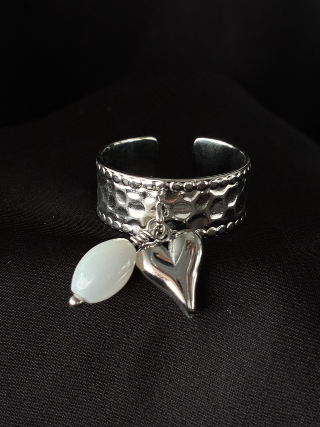 Bague réglable martelée Coeur Perlé Argenté