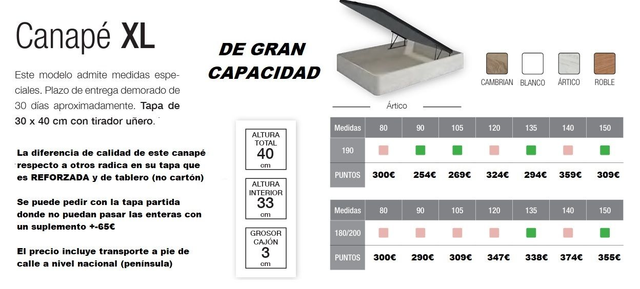 CANAPE ABATIBLE XL GRAN CAPACIDAD 33CM (Familia IMPORTA, transporte incluido) 
