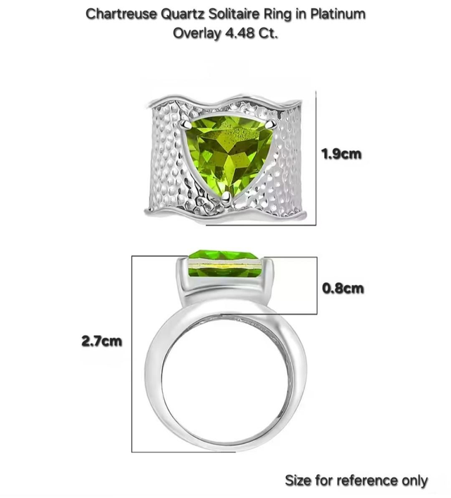 Stunning Chartreuse Quartz Solitaire Ring in Platinum Overlay.