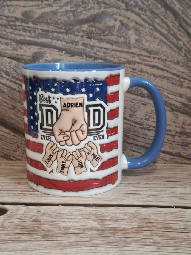  Mug Papa Personnalisé avec Prénoms, poings et drapeau américain en 3D