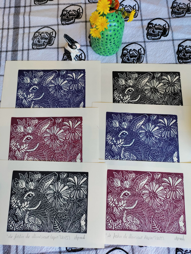 Linogravure/tampon "quatre petits lapins " lapins sauvage format 10X14.5 cm Bordeaux