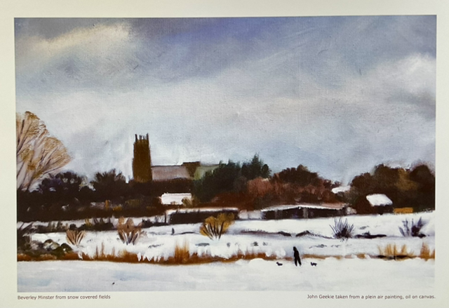 Beverley Minster across snow covered fields, a lost view. A3 size print.