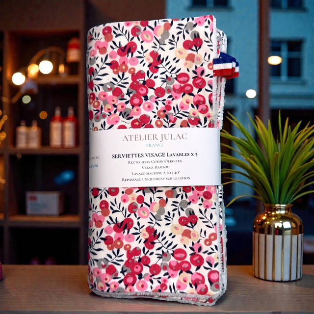 Kit Beauté 17 Pièces – Coton et Bambou Motif Fleurs rouges