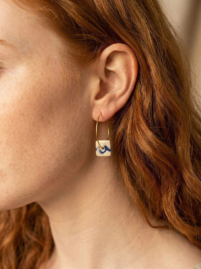 Geometric Abstract Square Blue Wave Loop Ceramic Earrings