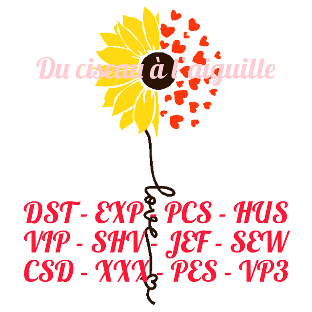 fichier broderie tournesol love coeur - 3 Tailles / 12 Formats