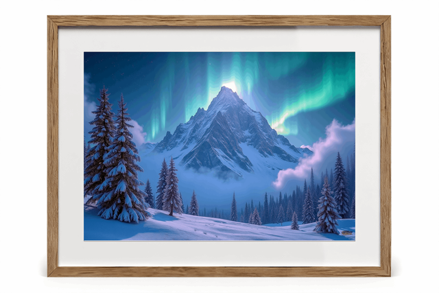 Photo encadrée Aurores Boréales – Tirage d’art qualité musée & décoration murale magique - Pic enneigé