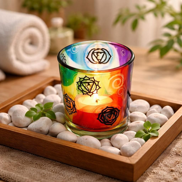 "7 chakras" - Bougeoir en verre photophore 