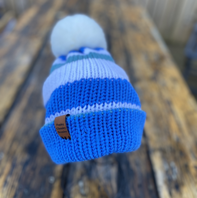 ❄️Funky Chunky Bobble Hat – Ice Blue &amp; Snow White with Faux Fur Pom - Handmade in Scotland