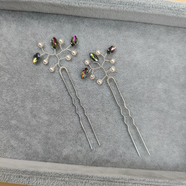 Épingles à cheveux argentées avec strass multicolores et perles ivoires - Accessoires faits main élégants pour coiffures