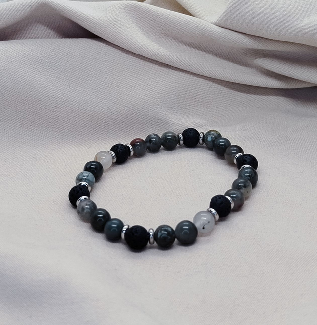 Bracelet homme 18 cm en pierres naturelles  (jaspe héliotrope, pierre de lave)