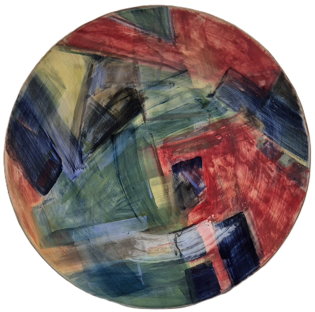 SH15 Bright Abstract Charger Brackets Red Greens by Sally Hamer, 40cm diameter Ceramic
