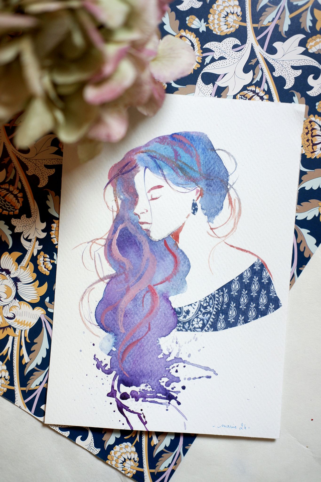 Illustration originale aquarelle et papier découpé "Violette"