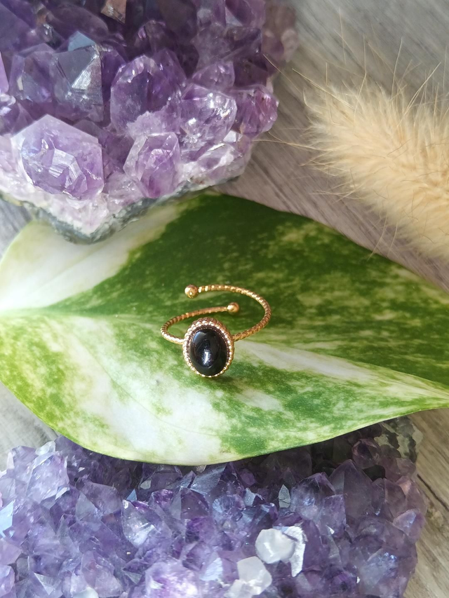 Bague ajustable acier doré, agate noire