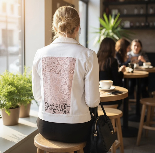 Veste en jean blanche customisée dentelle taille M