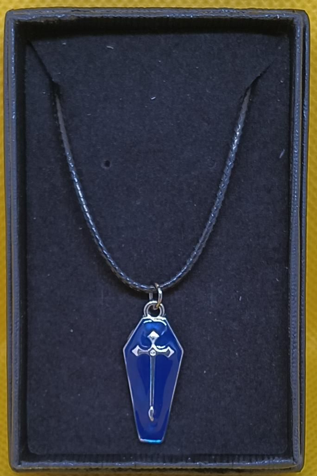 Enamel Blue &amp; Silver Coffin With Cross Pendant Necklace.