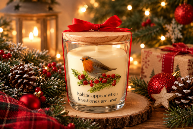 Robin Memorial Candle – 40 Hour Burn Time &amp; Wooden Lid | Remembrance Gift