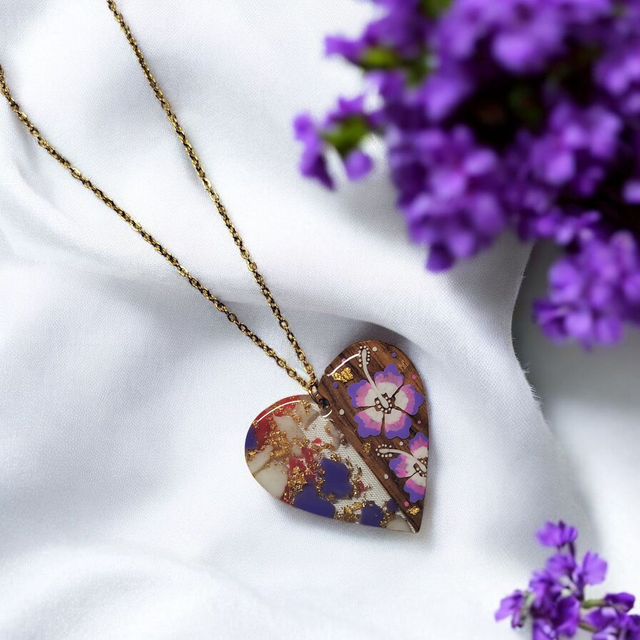 Collier dessiné Flora acier inoxydable violet parme et rouge bi matière