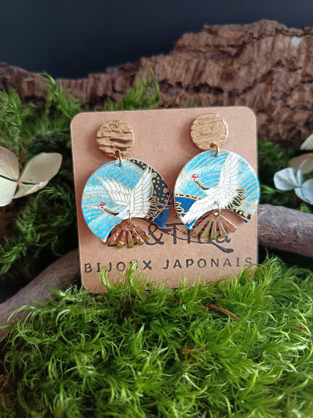 Boucles d'oreilles - puces - papier washi - grues - oiseaux - éventail - La&amp;Titia 