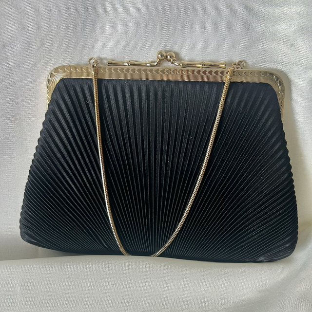 Vintage Black Pleated Satin Evening Clutch Bag