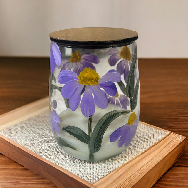 Vaso Cristal Flor Morada Con Vela de Soja Distintos Aromas 