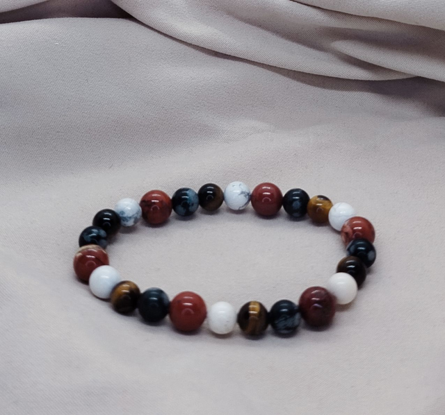 Bracelet homme 18 cm, en pierres naturelles (obsidienne flocon de neige, howlite blanche, jaspe rouge, œil de tigre)
