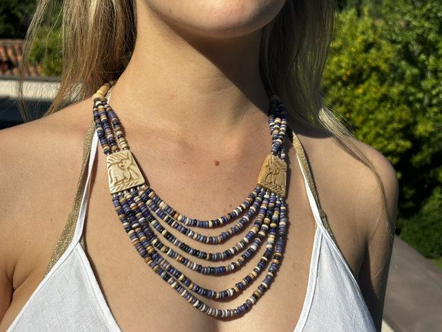 Collar tejido mostacillas multiples azul