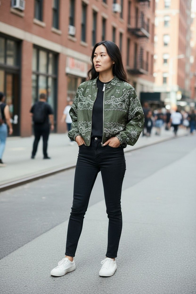 Casaco Bomber Verde Tático com Estampa Bandana