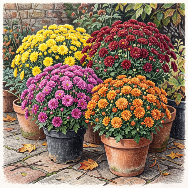 Chrysanthème Pomponette en pot — Explosion de couleurs automnales