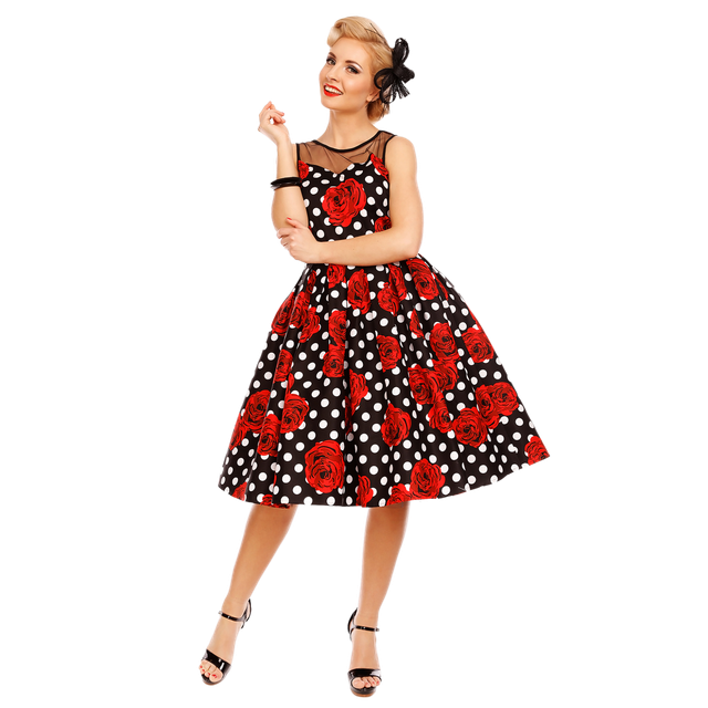 Elizabeth Swing Dress Black/ Rose Polka Print