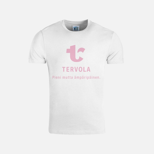 Tervola, pieni mutta ämpäripäinen T-paita (valkoinen pinkillä painatuksella)