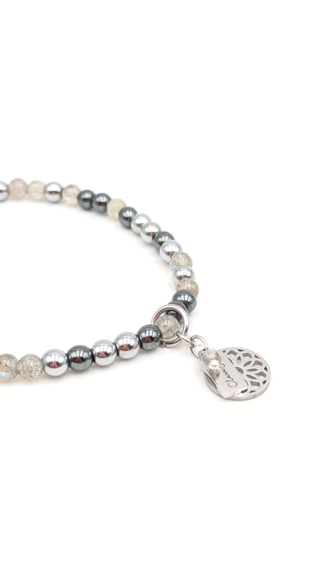 🌙 Bracelet Labradorite, Hématite &amp; Acier – Ancrage et Intuition