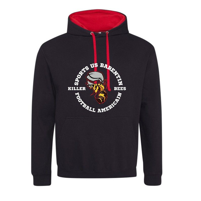 Sweat capuche noir - doublure, capuche et cordon rouge. Poche kangourou. Intérieur gratté.