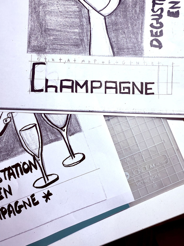 Dégustation de champagne - Affiche A4 imprimée à la main (linogravure)