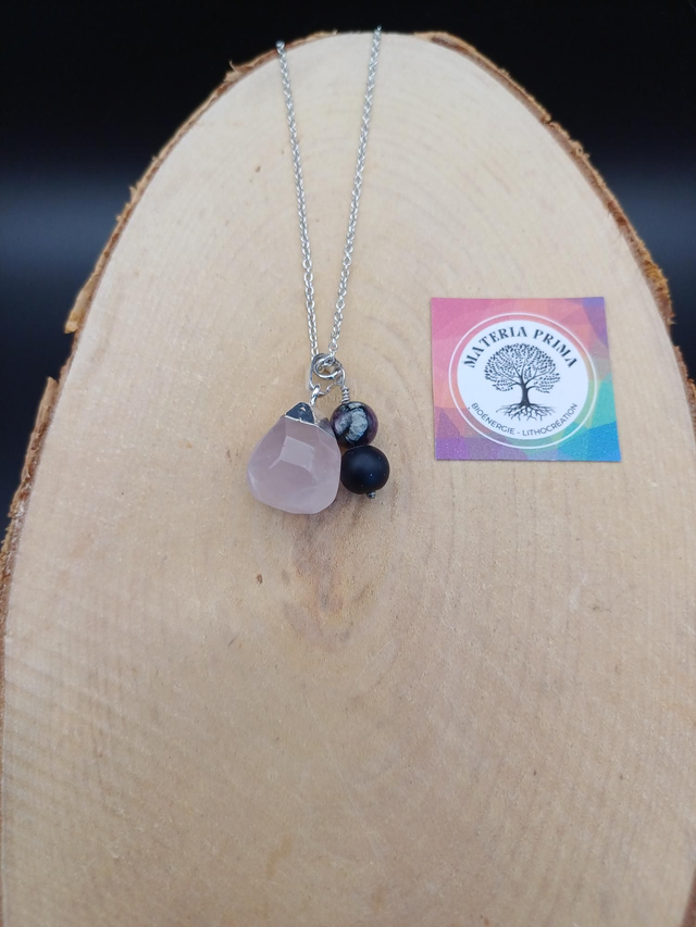 Collier quartz rose / shungite / tourmaline pourpre