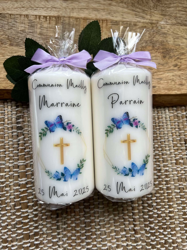 Bougie baptême, communion, couronne papillons, fleurs, croix dorée