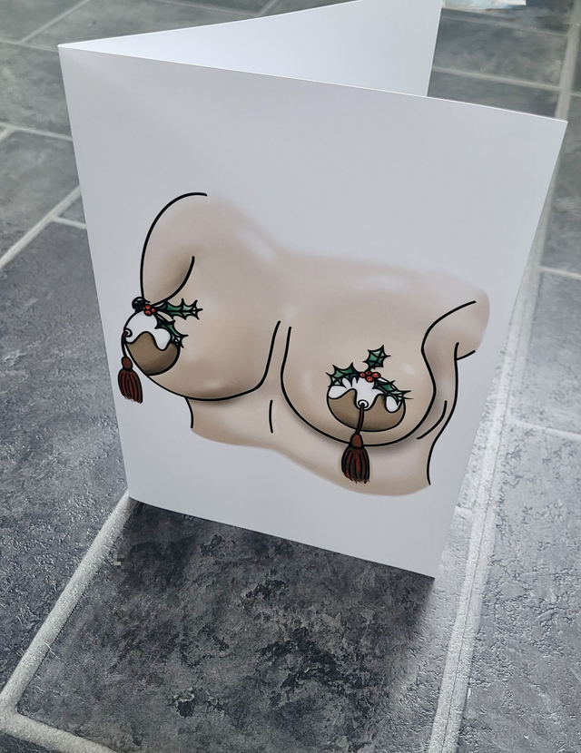 Christmas Pudding Nipple Tassels Cheeky Christmas Card - A5 Greetings Card