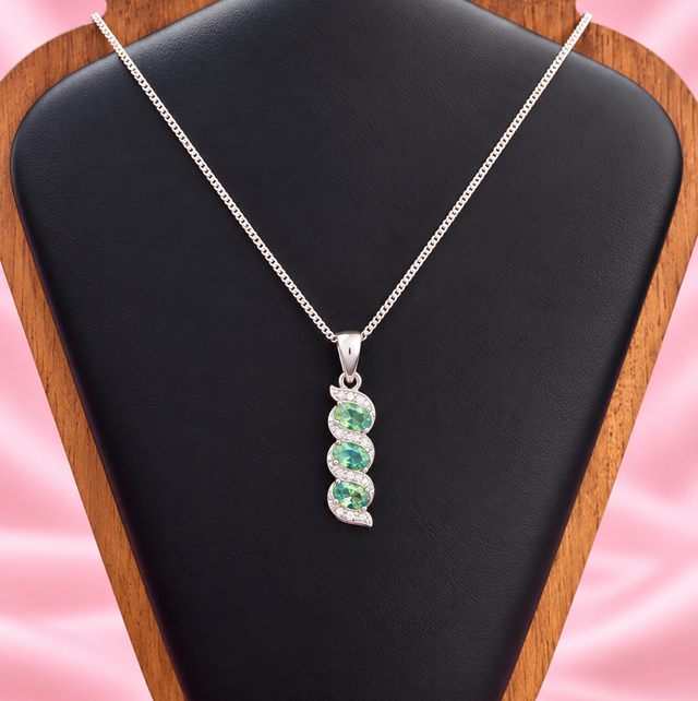 Sterling Silver/ Emerald &amp; Diamond Accents 3 stone  Pendant With Curb Link Chain