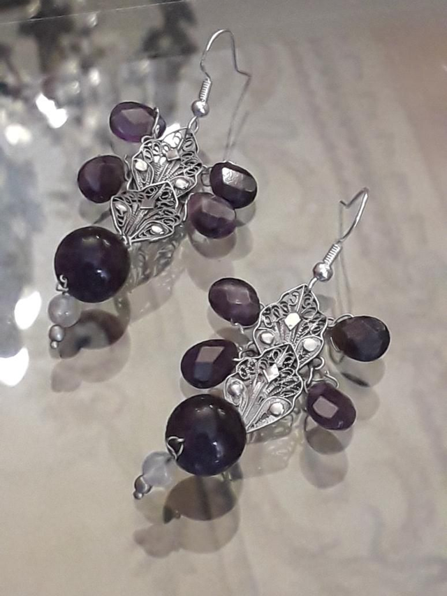 Boucles d'oreilles améthyste, cristal  de roche, argent. 