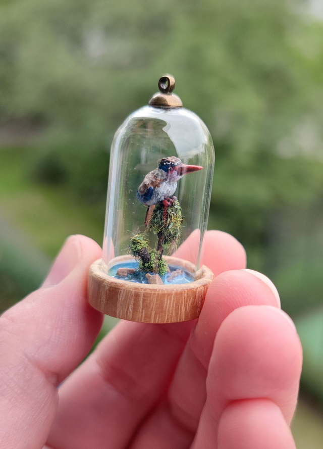 lilac kingfisher - one of a kind miniature diorama jewelry