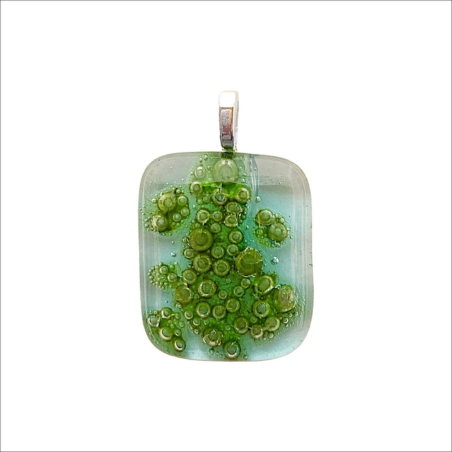 Pendant in shades of turquoise with khaki green bubble glass (Ref P21)