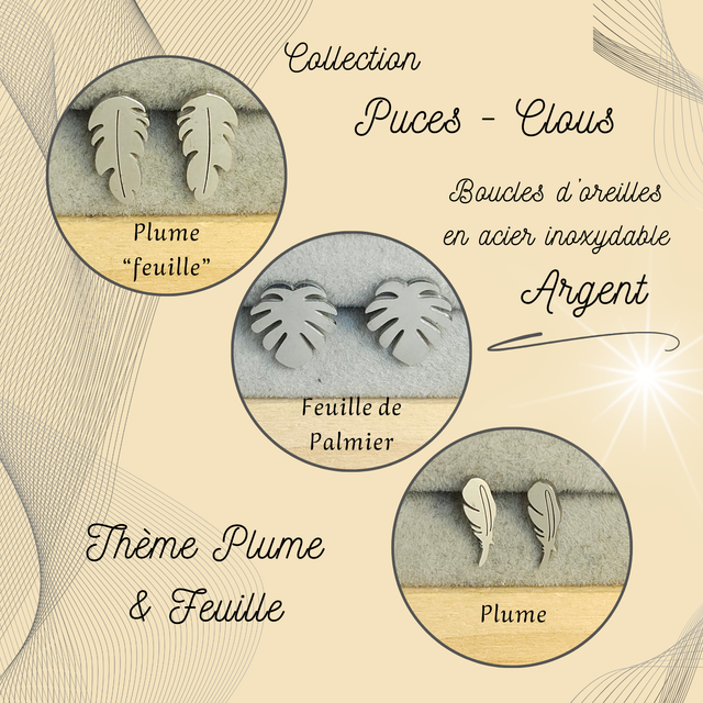 Clous d&#039;oreilles - Thème Plume &amp; Feuille - Acier Argent