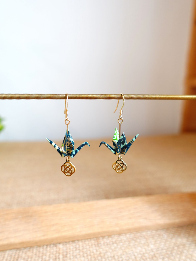 Origami oiseaux, grues / GOLD FILLED, Or laminé / Papier japonais Washi / Vert, or / Boucles d'oreilles / Bijou origami /