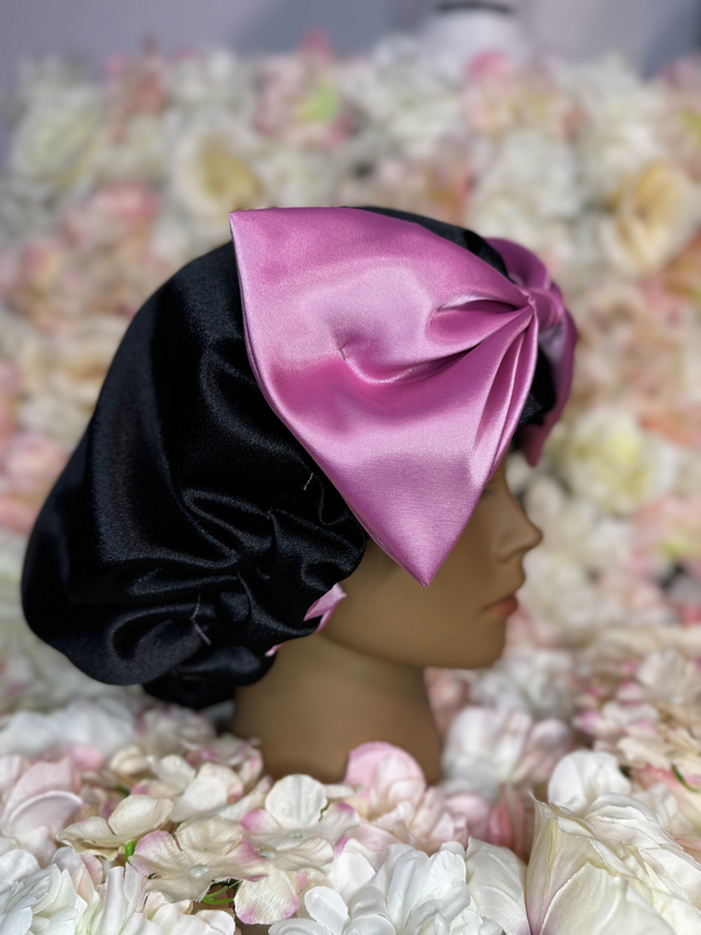 Bonnet en satin soie réversible rose & noir | Avec Nœud | Protection cheveux nuit | Anti-frisottis | Tailles S, M, L | Double face fait main