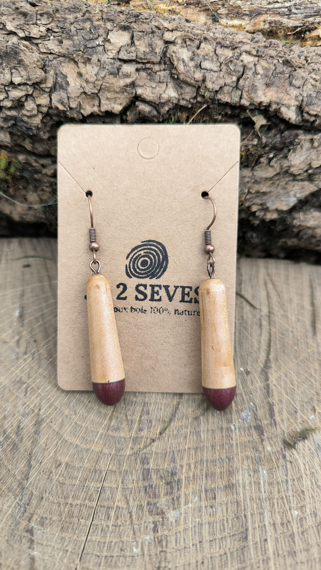 Boucles d'oreilles pendantes bois de Saule + Amarante - 240064
